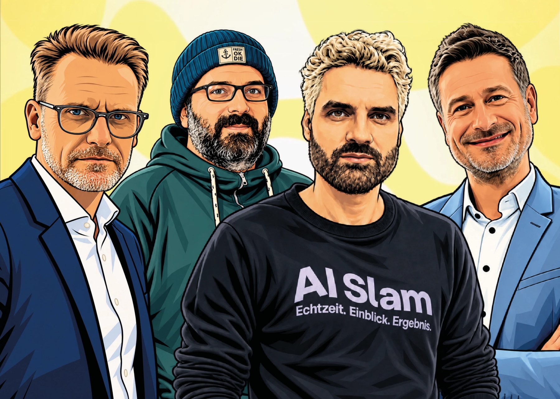 Die vier Slammer des AI Slam: Dr. Benno Barnitzke, Fabian Schmieder, Stevo und Team im Comic-Stil